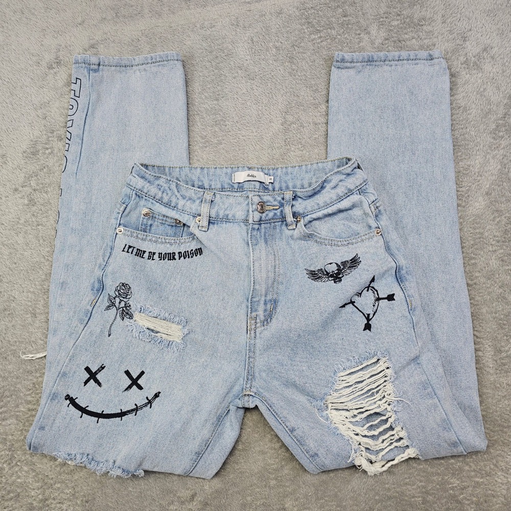 Adika Distressed Graphic Jeans Y2K-Inspired Grunge Denim Juniors‎ S W25 x L29
